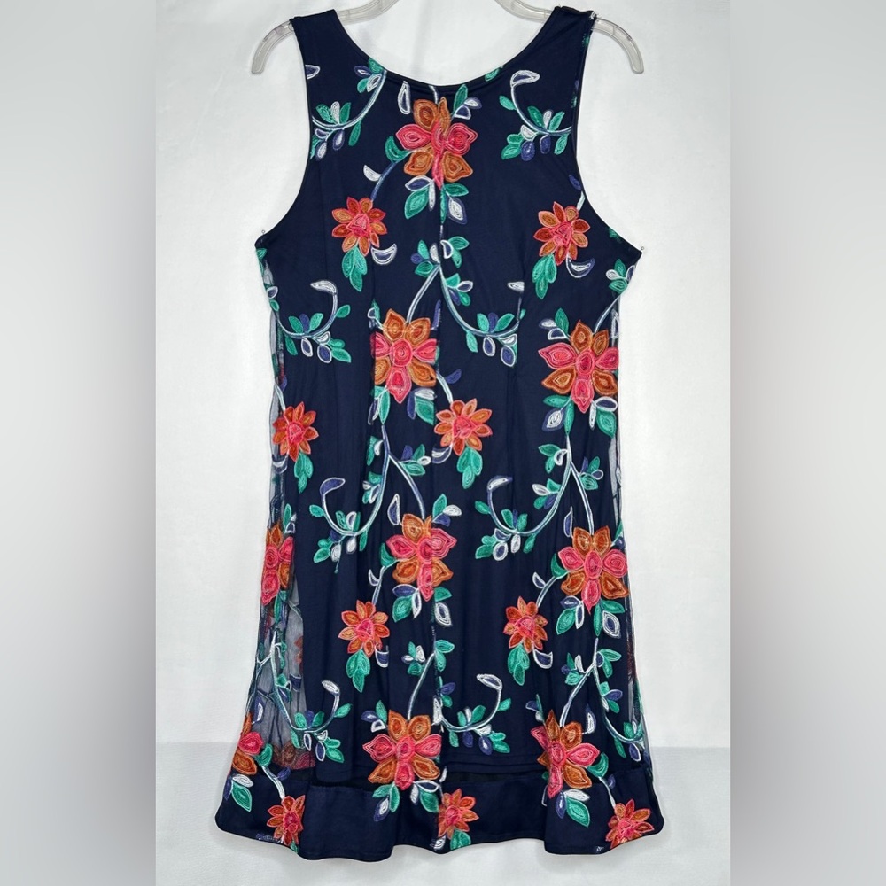 Robbie Bee Embroidered Dress Navy Floral Mesh Lined Popover Bohemian‎ Sz PL - Picture 2 of 9